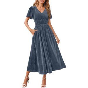 Merokeety Blue Velvet Maxi Dress with Pockets…Size Large